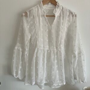 White Swiss Dot Sheer Blouse Ruffle Neck Cottagecore Boho Romantic Top Small
